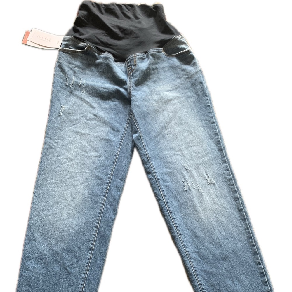 This is a pair of light wash maternity jeans with a full belly panel